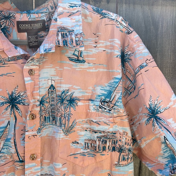 Cooke Street Vintage Hawaiian Casual Peach and Blue Button Down Shirt - Picture 2 of 5